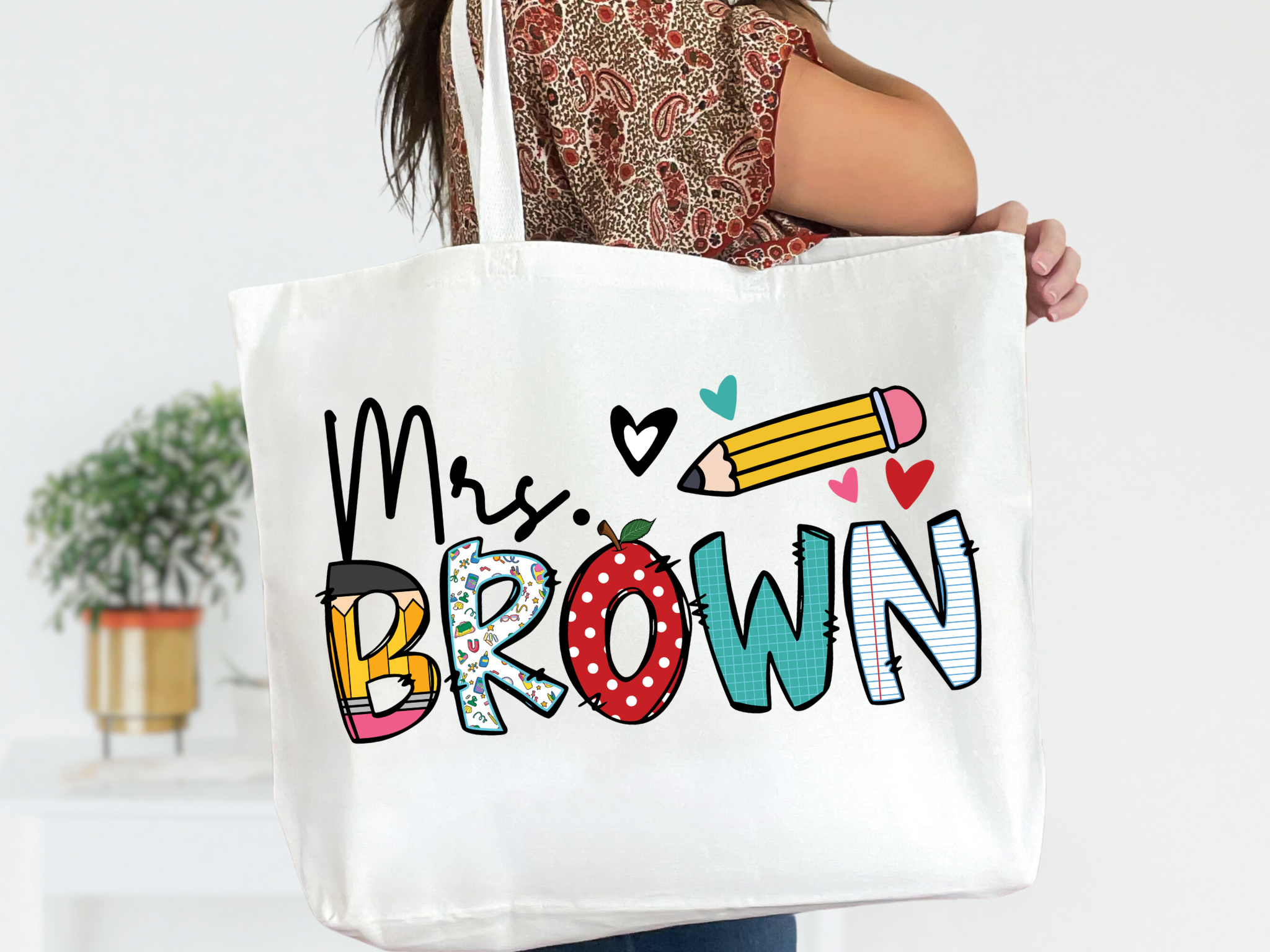 "Customizable" Teacher White Canvas Zipper Tote Bag