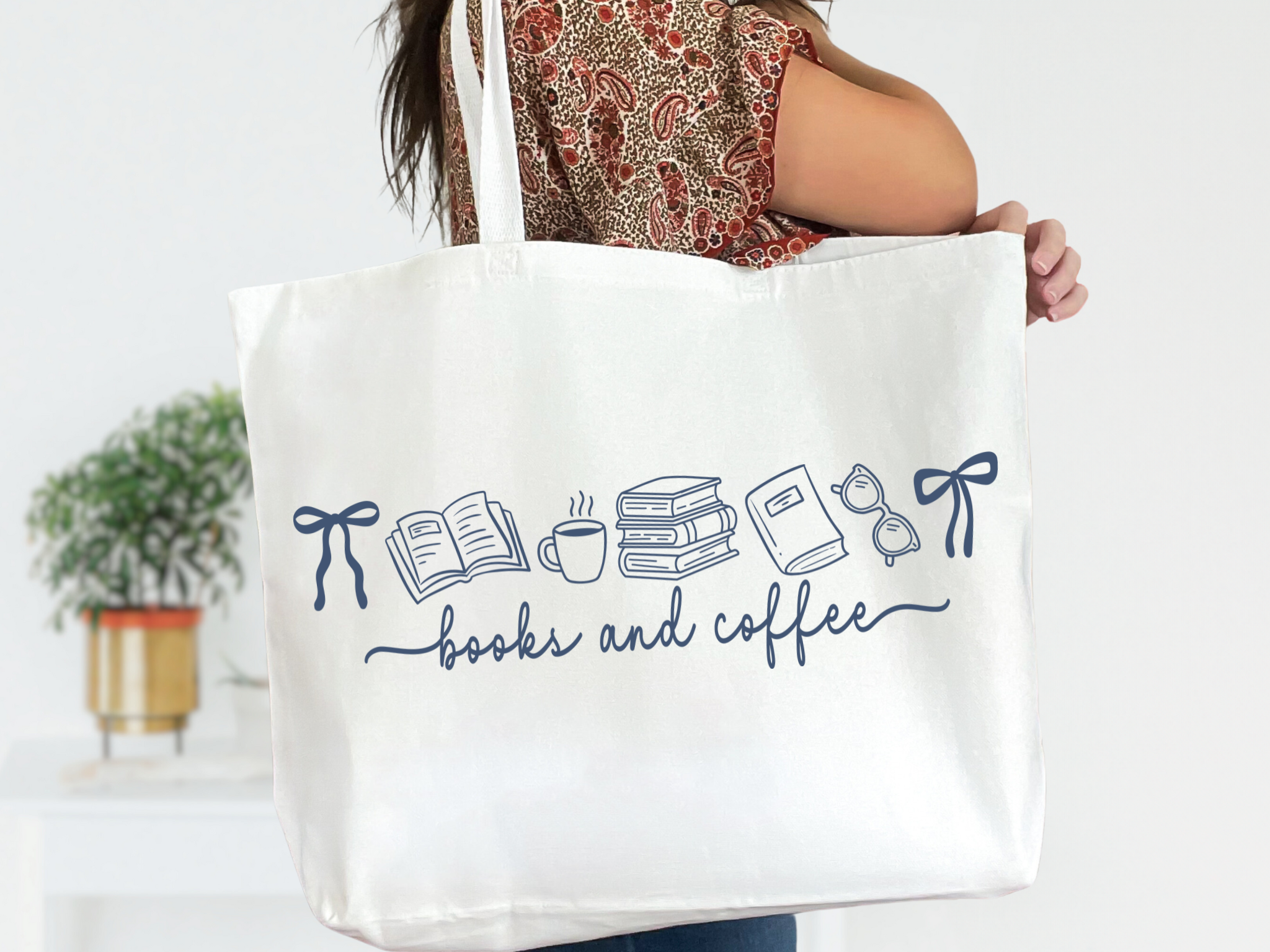Books & Coffee White Canvas Zipper Tote Bag