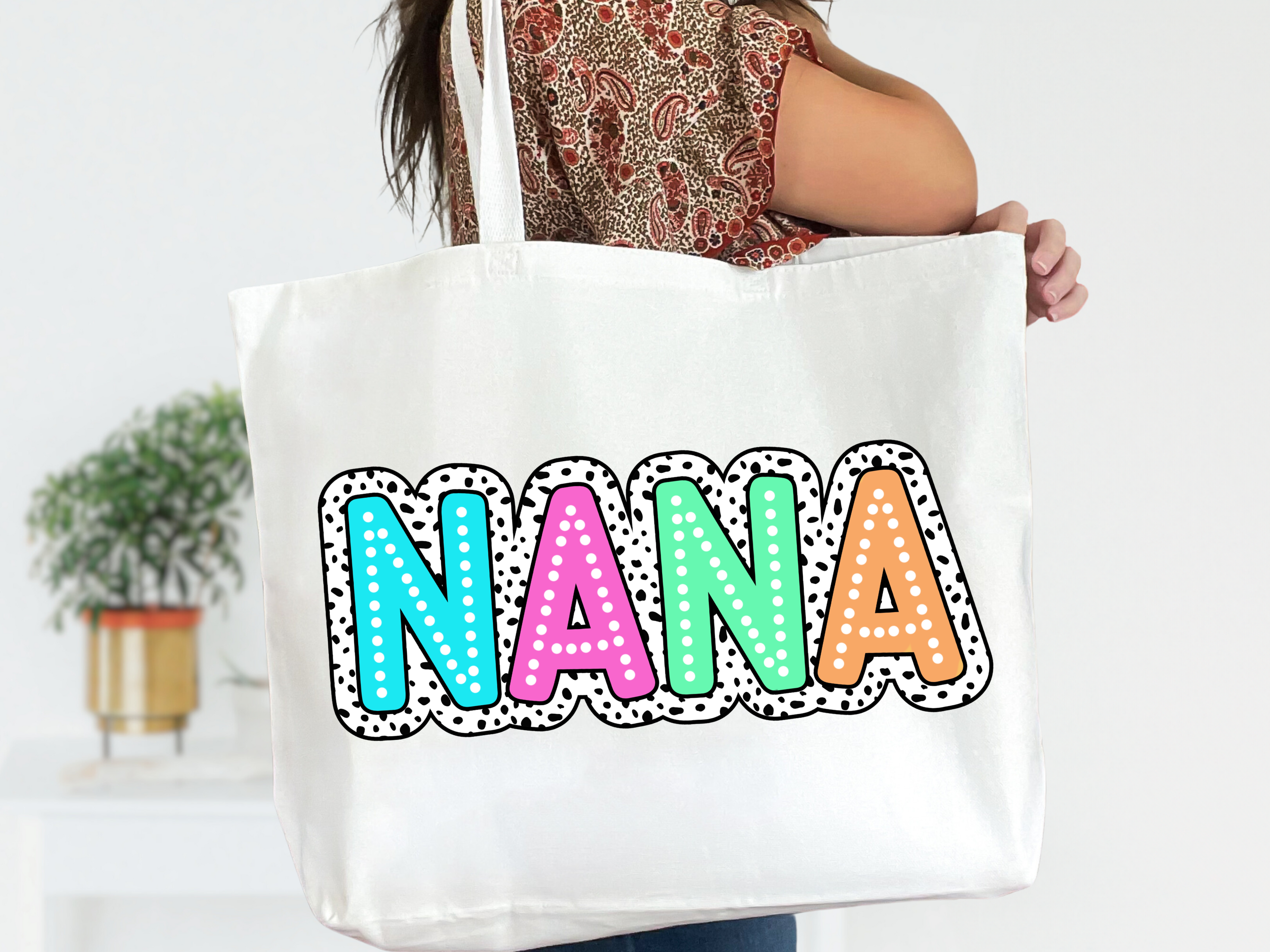 Colorful Customizable Name White Canvas Tote Bag with Zipper