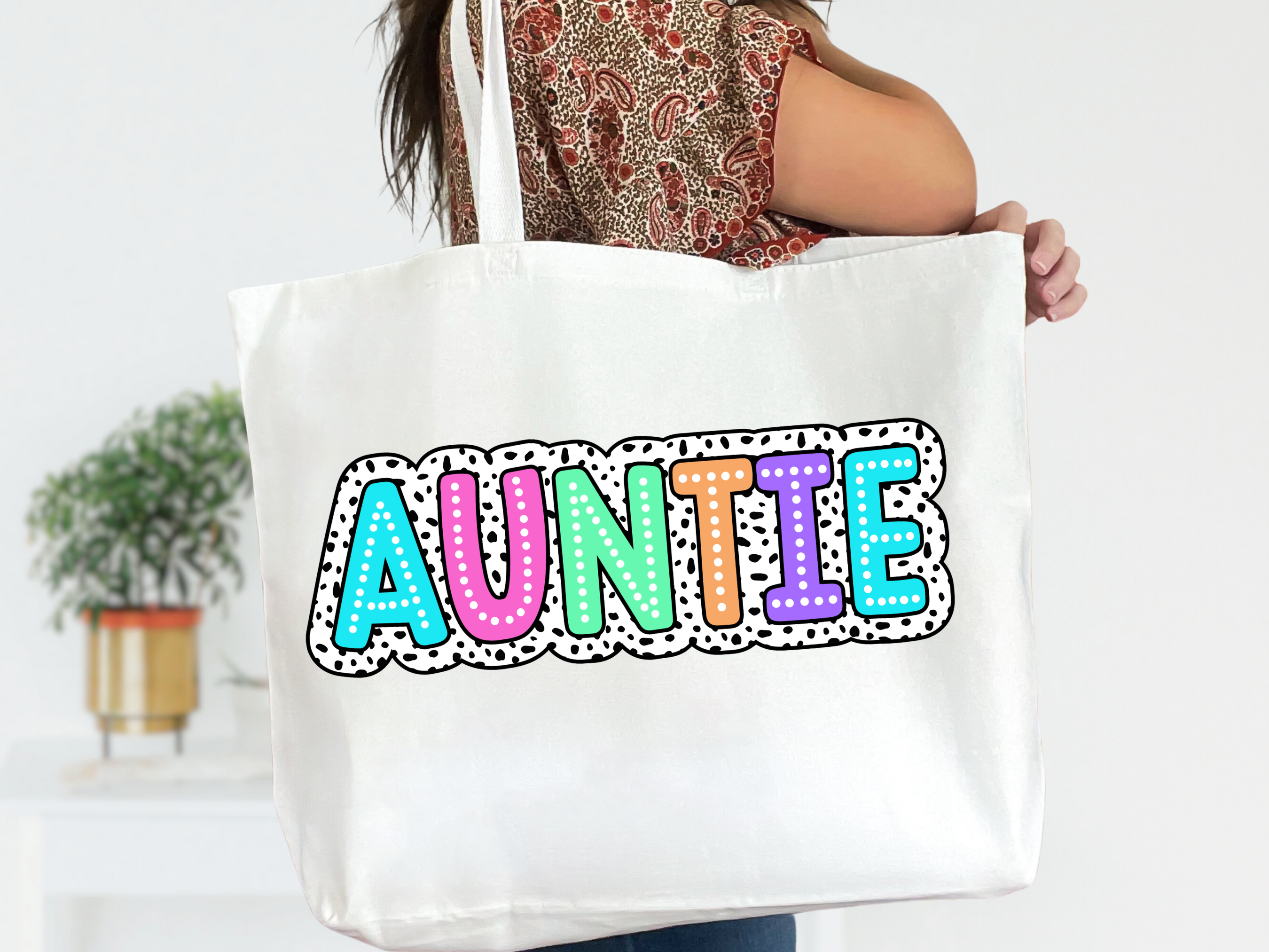 Colorful Customizable Name White Canvas Tote Bag with Zipper