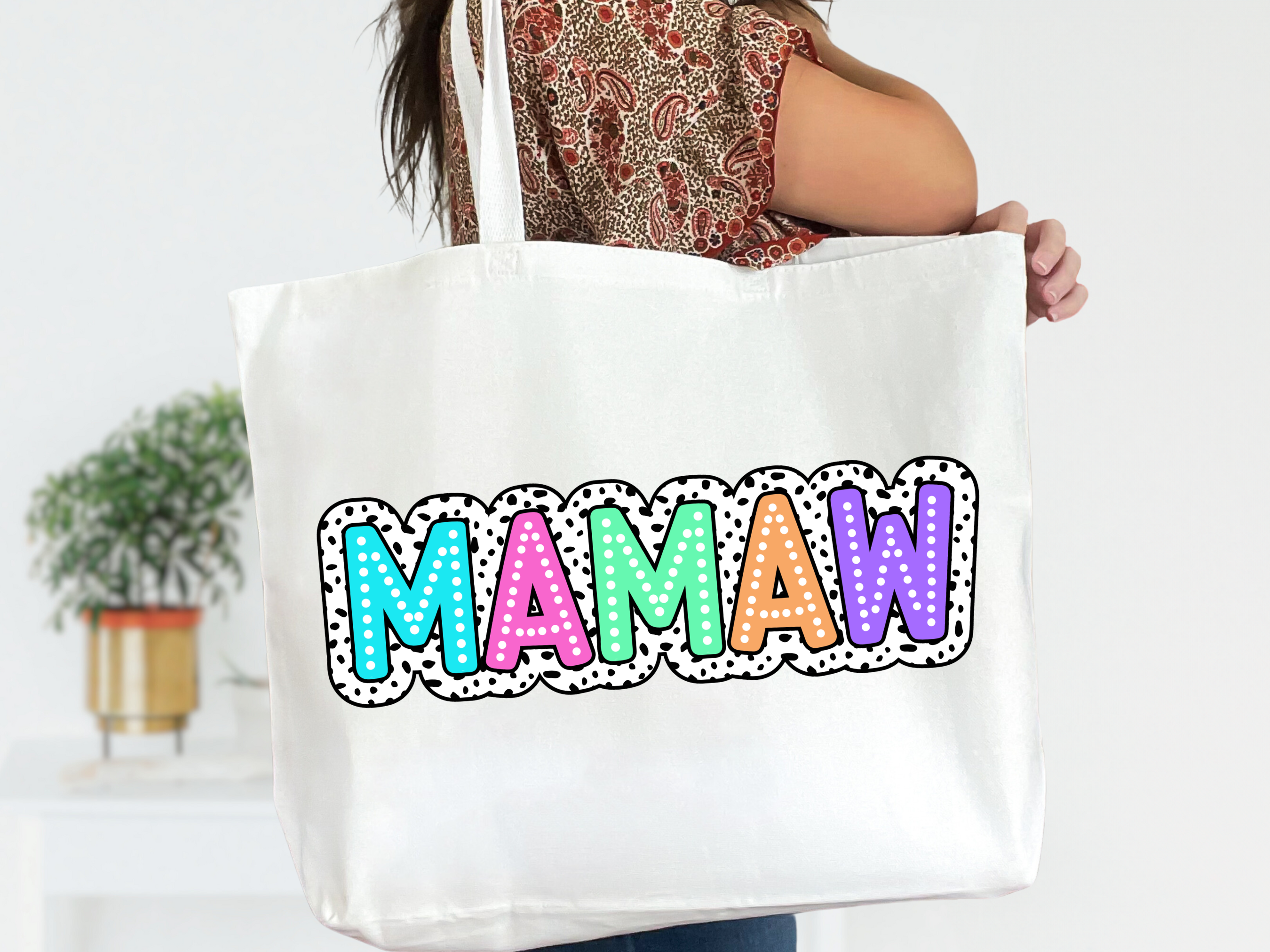 Colorful Customizable Name White Canvas Tote Bag with Zipper