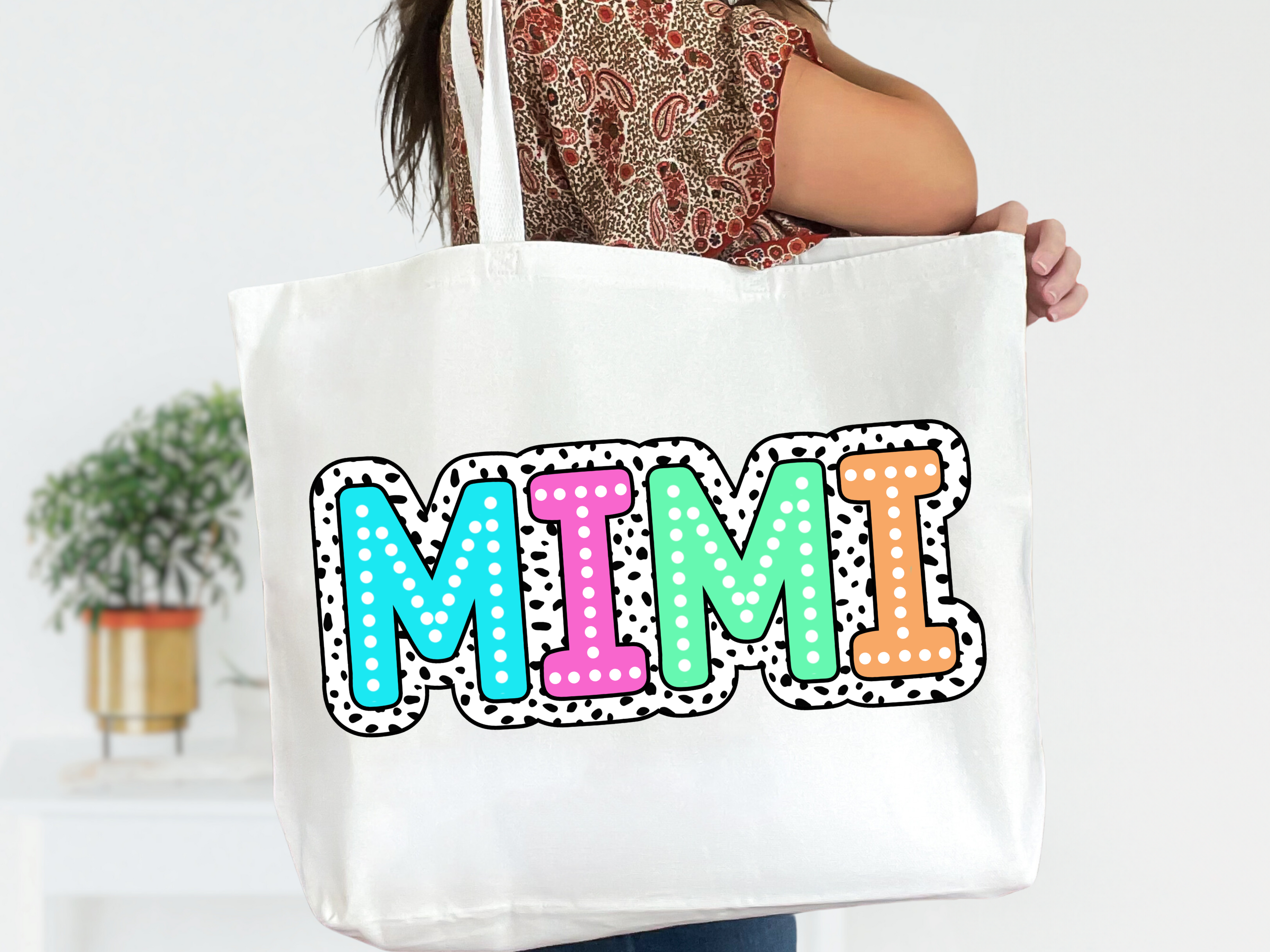 Colorful Customizable Name White Canvas Tote Bag with Zipper