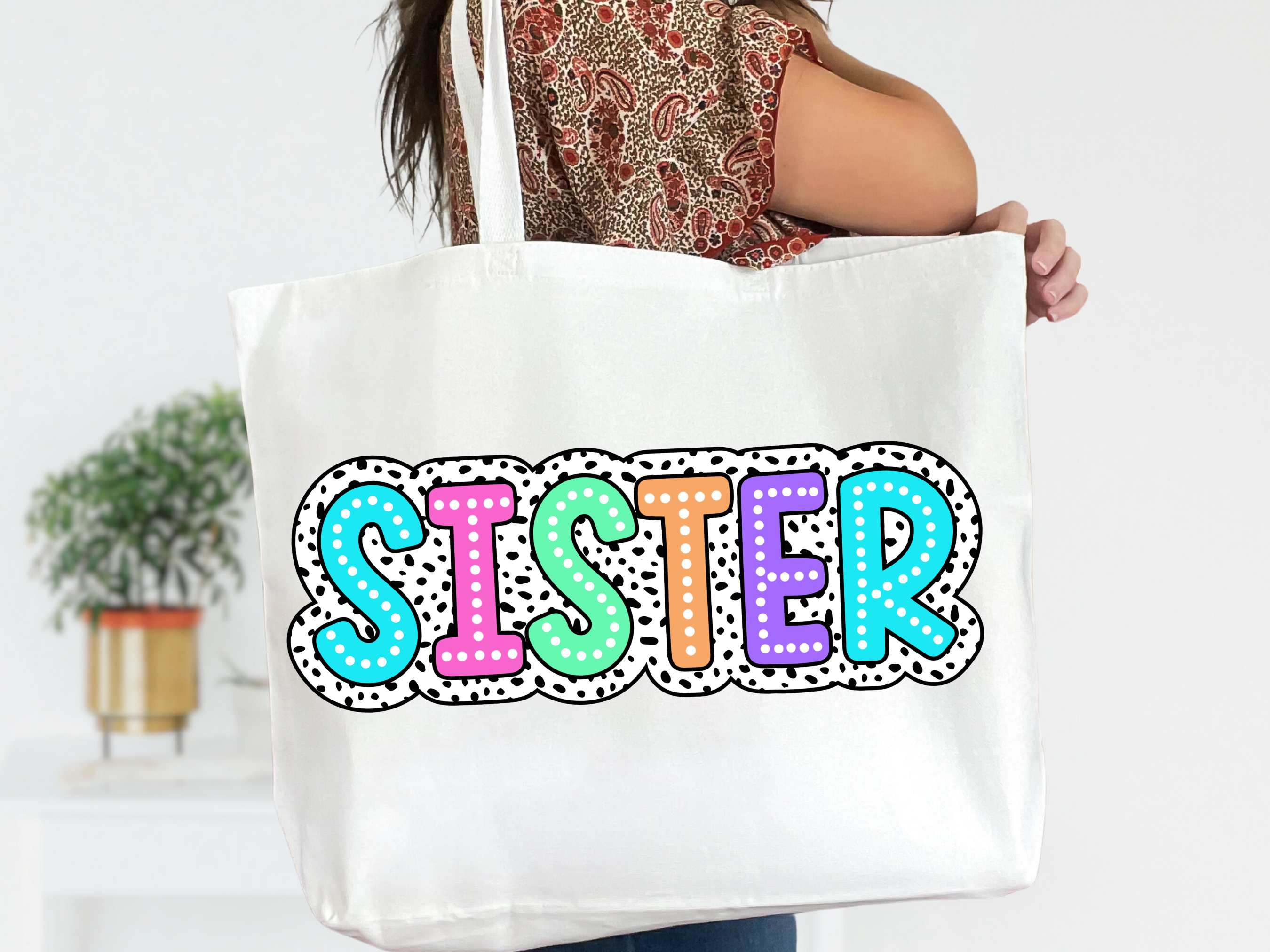 Colorful Customizable Name White Canvas Tote Bag with Zipper