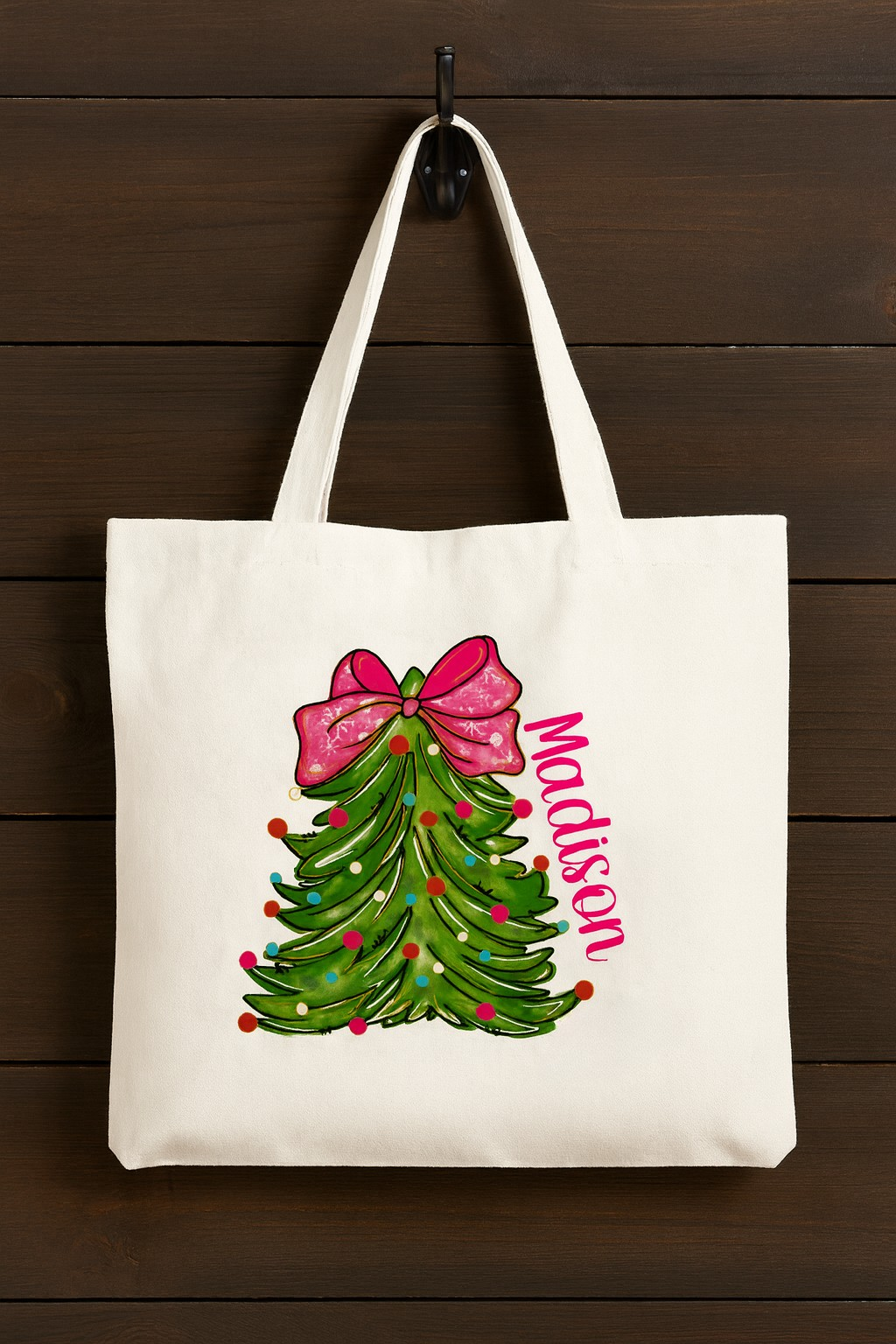 Girl Christmas Tree Canvas Tote Bag with Zipper