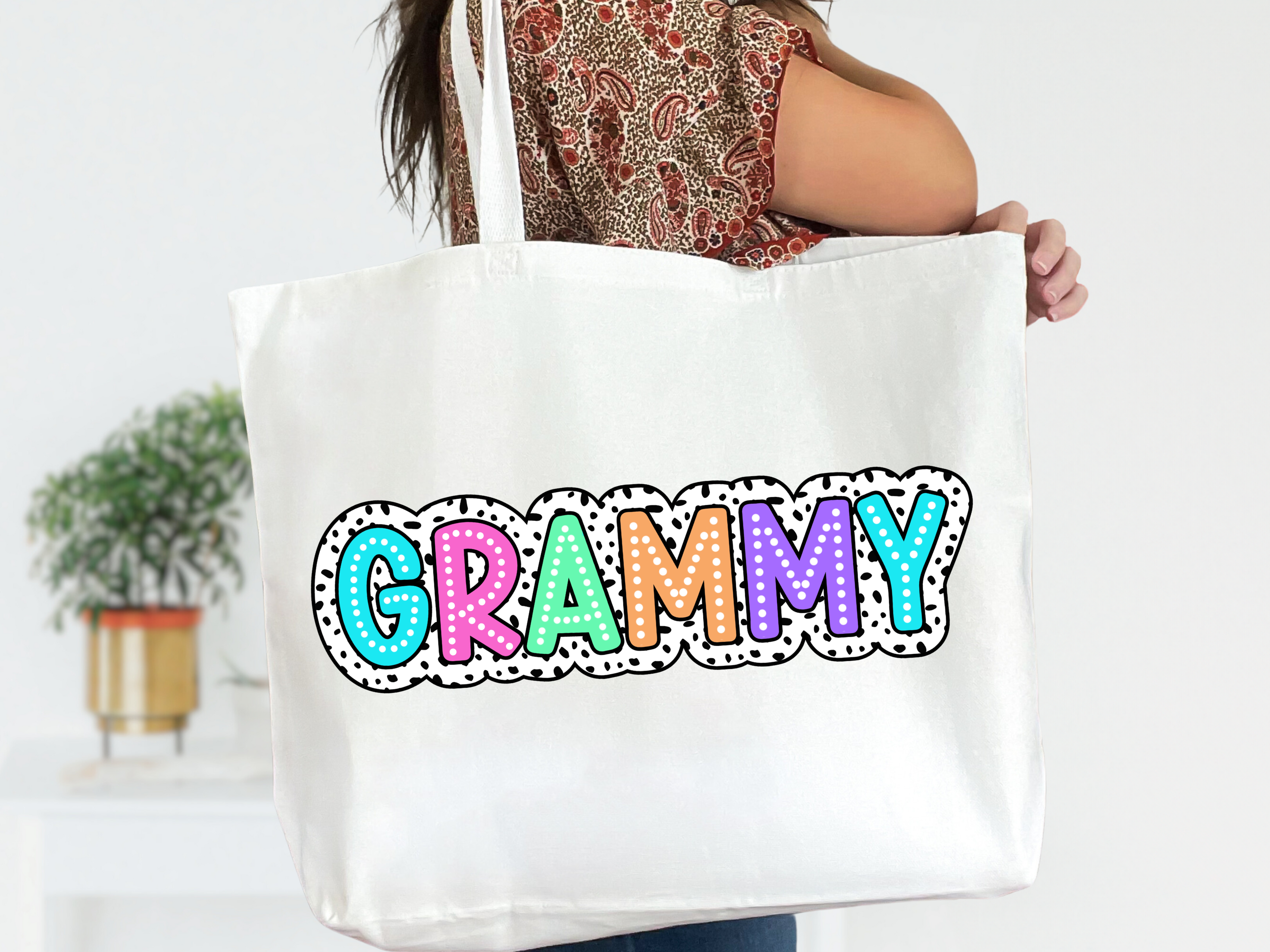 Colorful Customizable Name White Canvas Tote Bag with Zipper