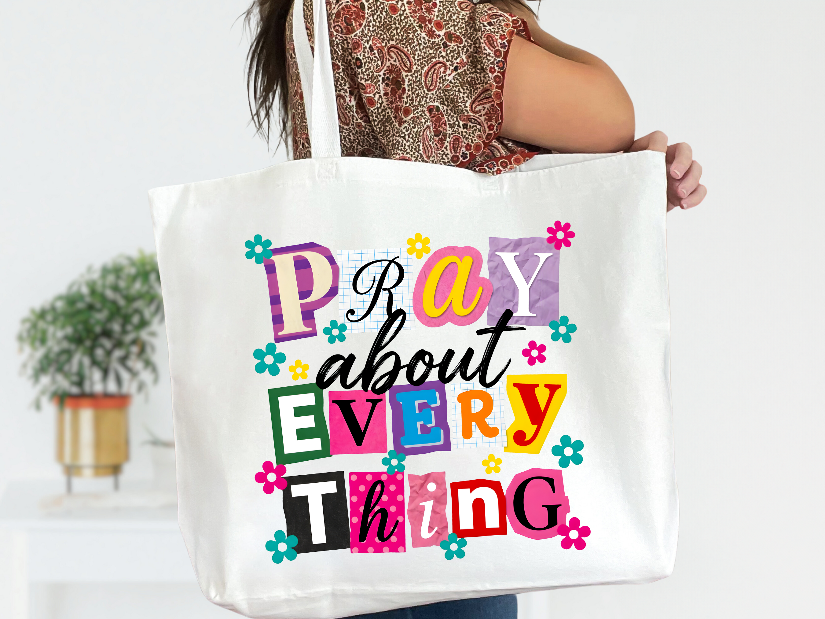 Retro Christian White Canvas Tote Bag with Zipper