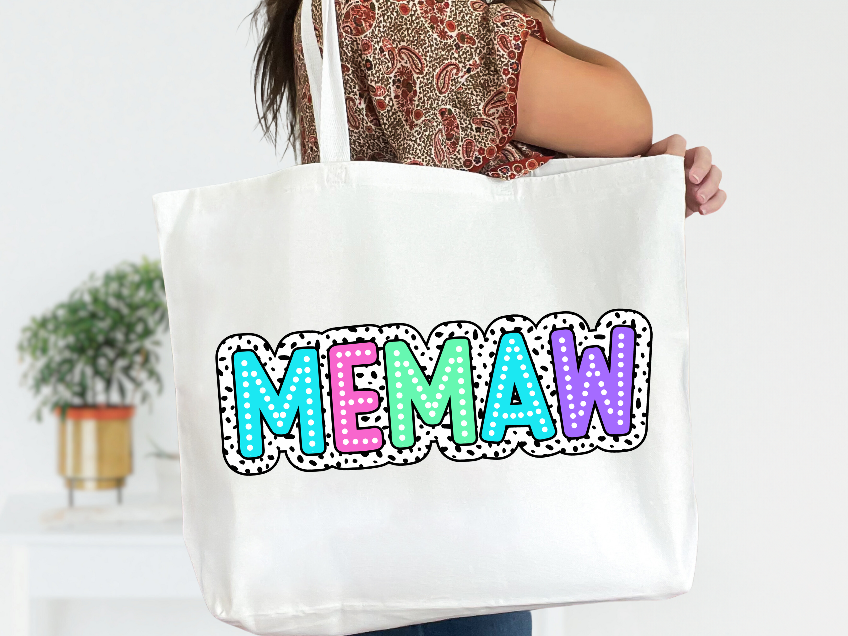 Colorful Customizable Name White Canvas Tote Bag with Zipper