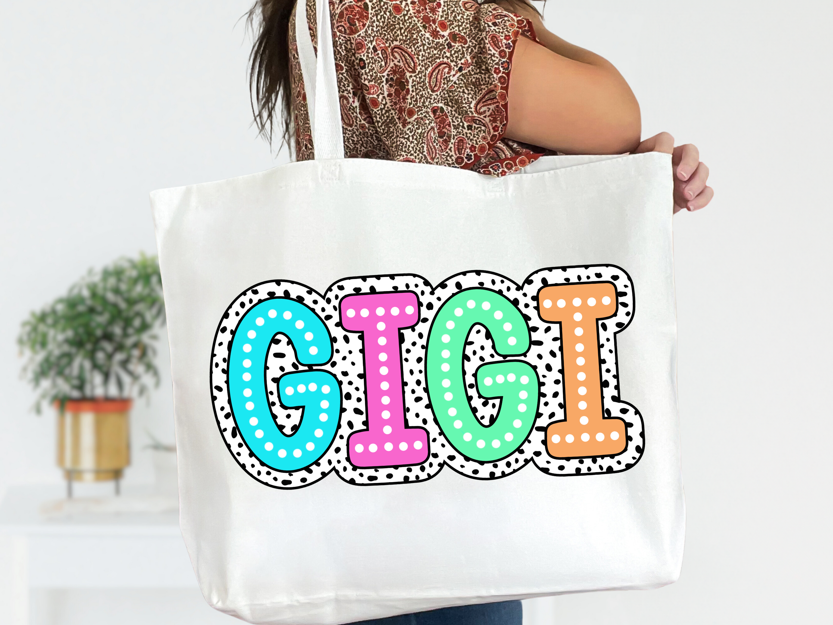 Colorful Customizable Name White Canvas Tote Bag with Zipper
