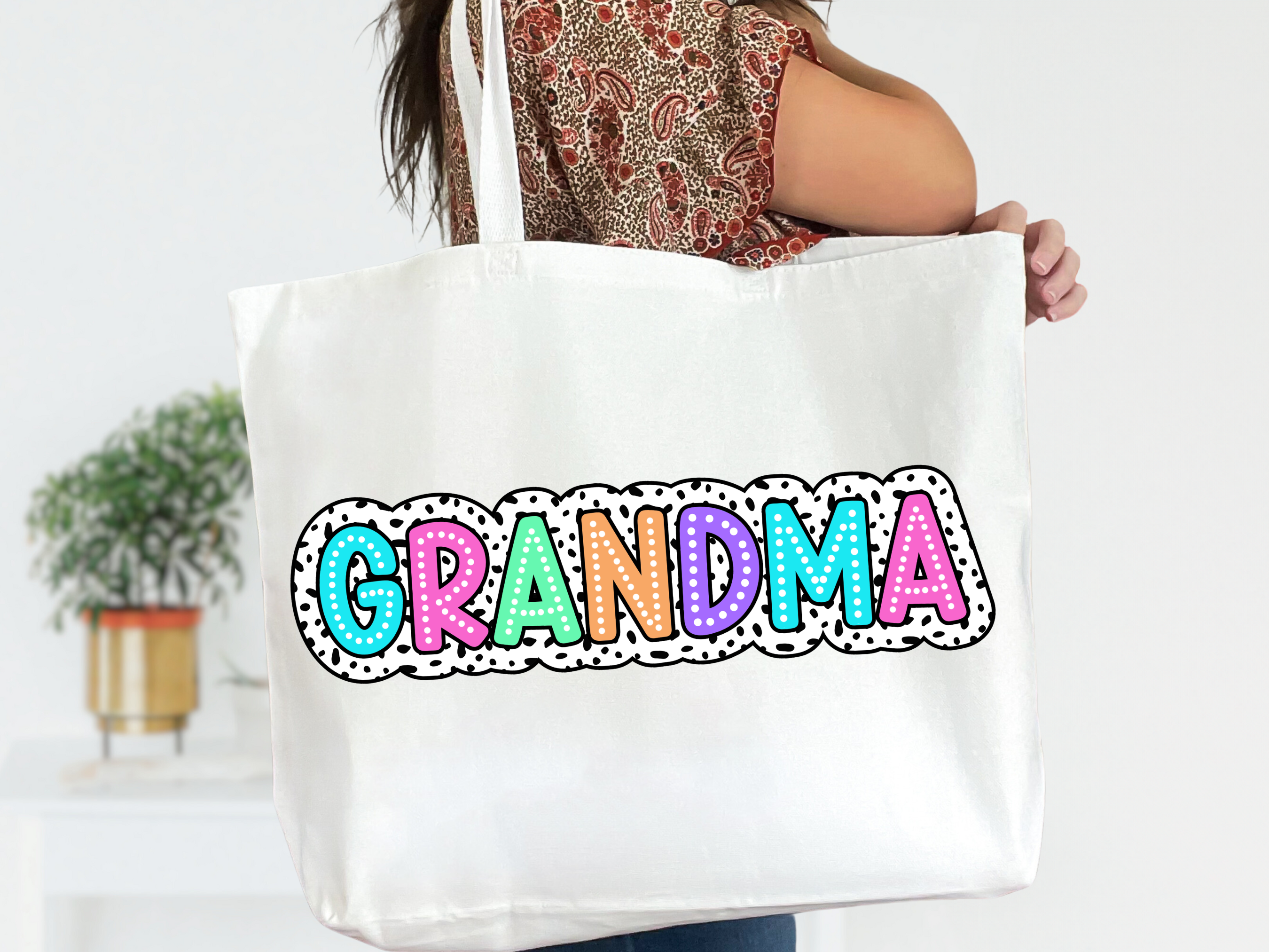 Colorful Customizable Name White Canvas Tote Bag with Zipper