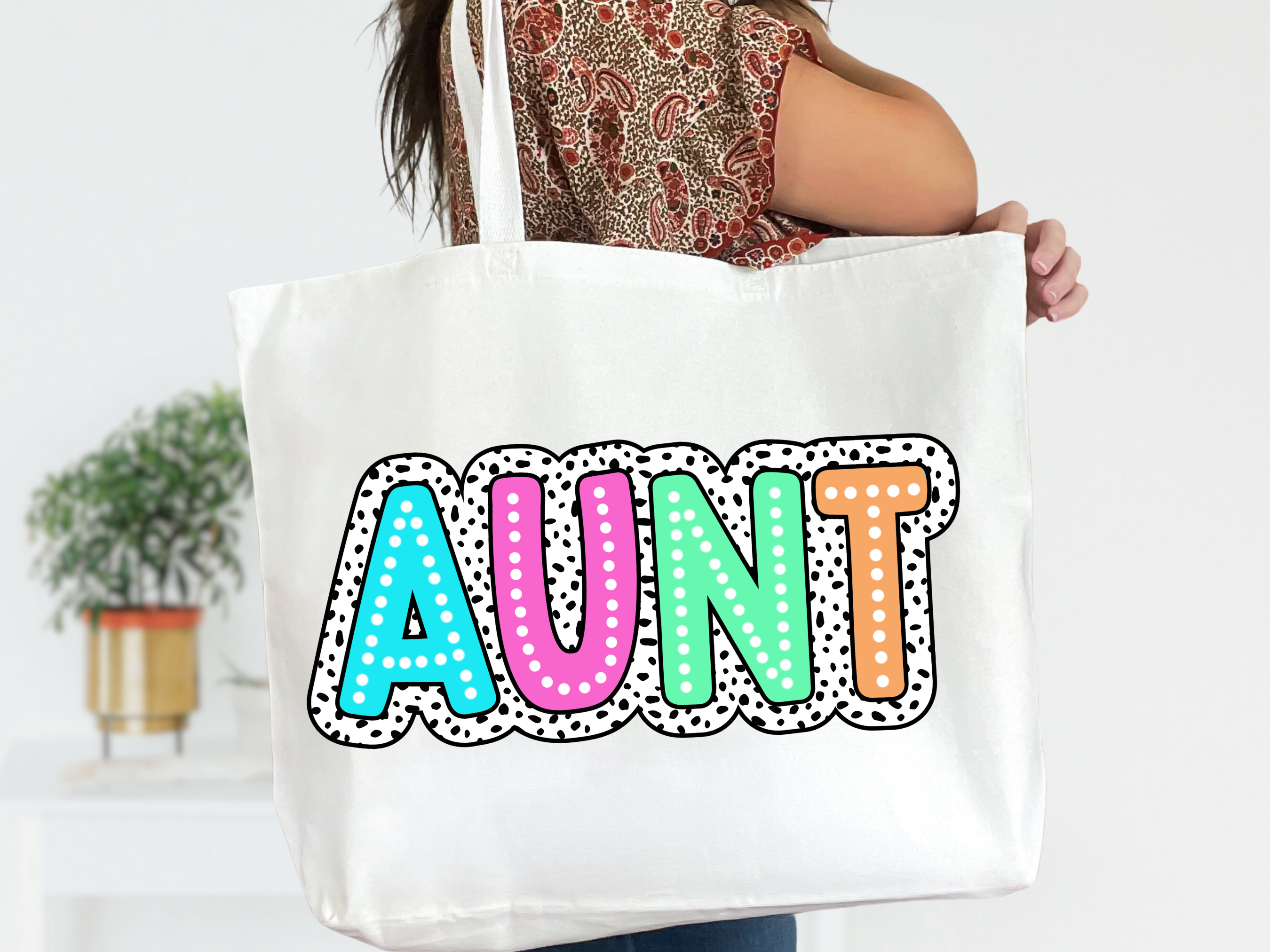 Colorful Customizable Name White Canvas Tote Bag with Zipper