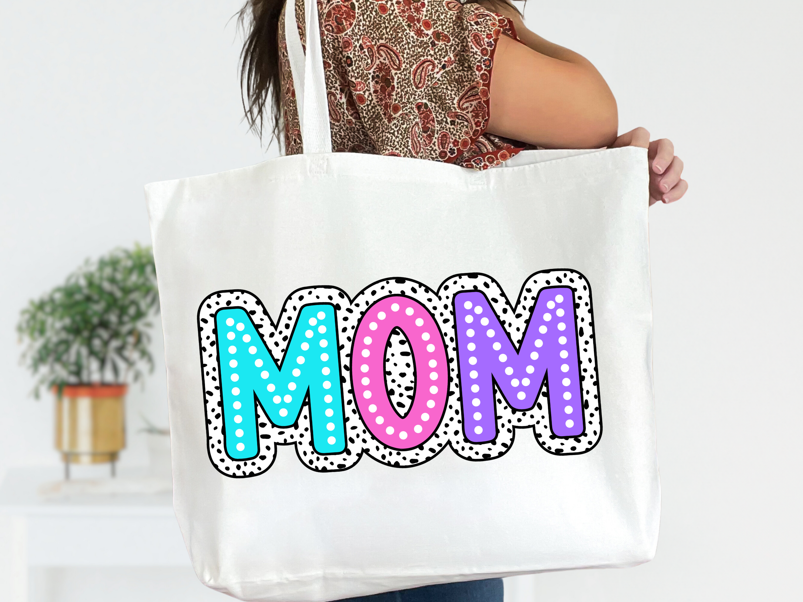 Colorful Customizable Name White Canvas Tote Bag with Zipper