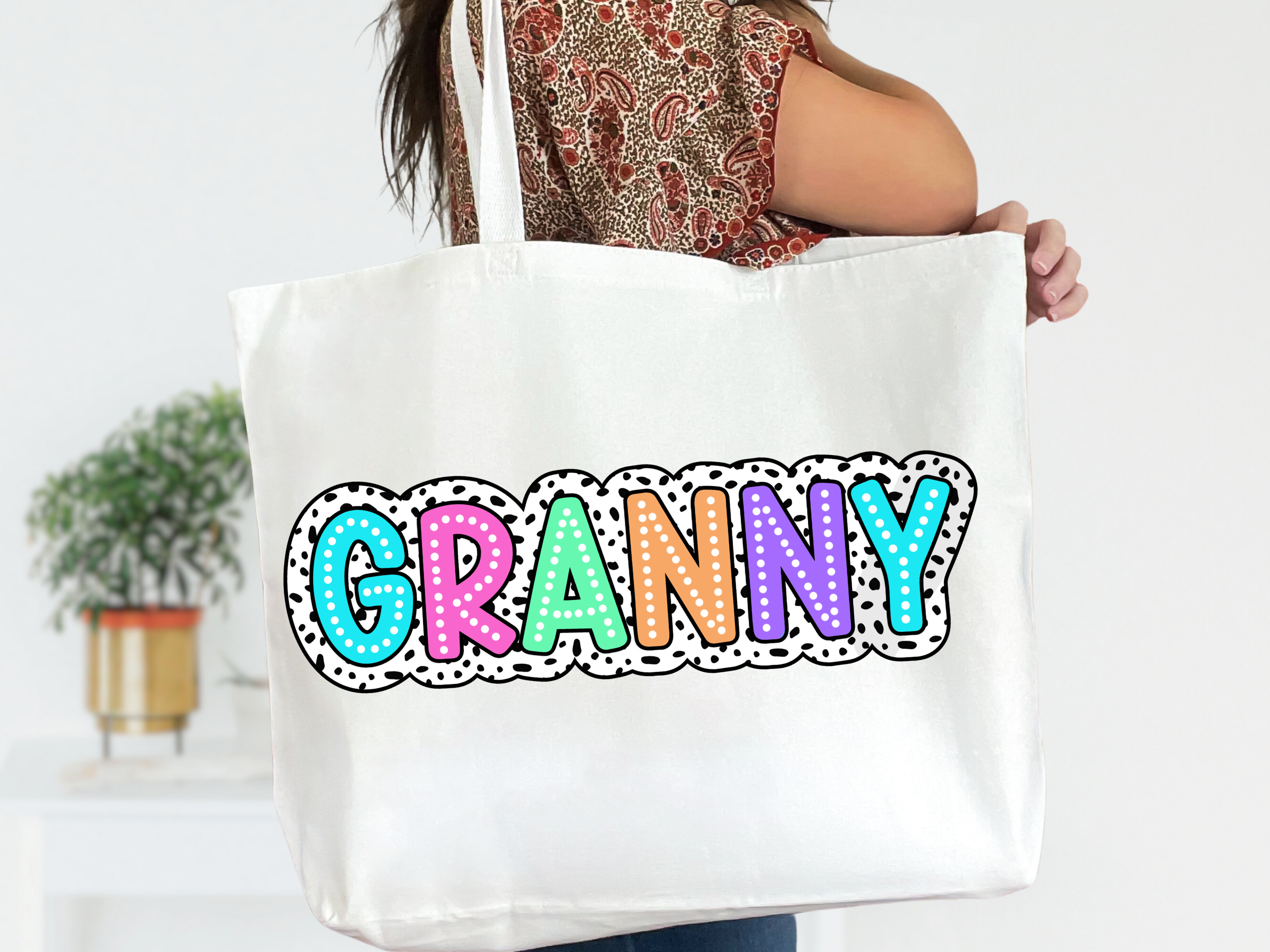 Colorful Customizable Name White Canvas Tote Bag with Zipper
